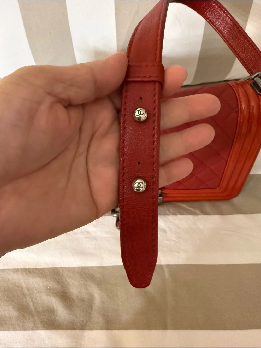 CHANEL Red Quilted Boy Bag with gray-Tone Hardware